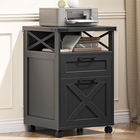 Farmhouse Filing Cabinet with Open Storage Space & Wheels, Office Filing Vertical Cabinet with 2 Drawers, Printer Stand for Hanging Files Letter/A4, Under Desk Storage Cabinets for Home Office.Black