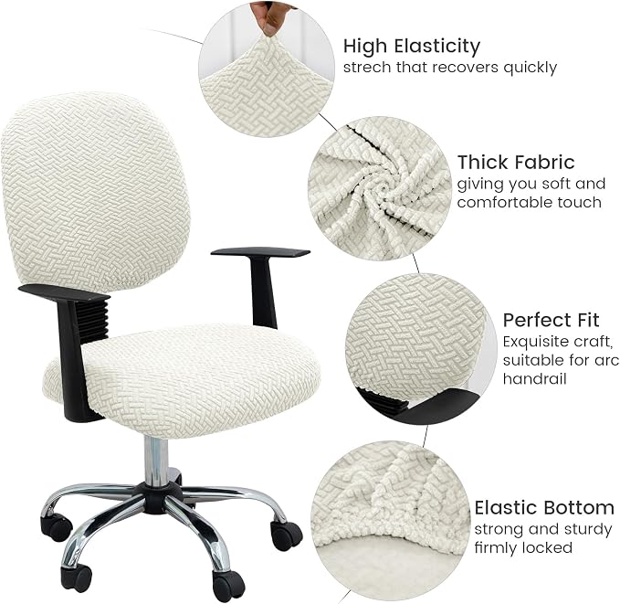 MIFXIN Computer Office Chair Cover Stretch Elastic Slipcover 2 Piece Jacquard Computer Chair Seat Covers Furniture Protector for Office Home, Only Covers No Chair (White)
