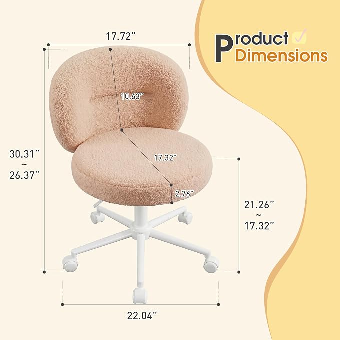 Homkdom Round Vanity Chair with Wheels, Ultra-Soft Desk Chair, Height Adjusts to Your Mirror, Silent Casters, Cute Bedroom Dressing Chair for Daily Beauty Routines, Yellow