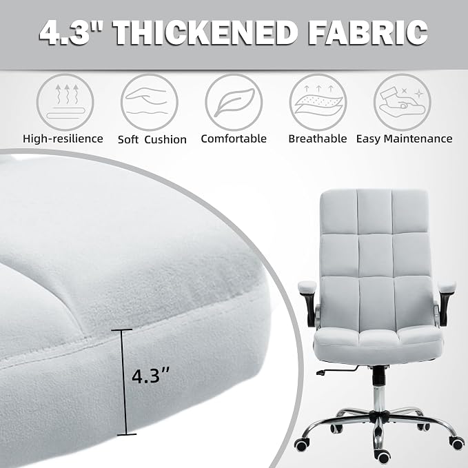 ECOTOUGE Executive Office Chair, Velvet Ergonomic Comfy Desk Chair, High Back Computer Chair with Adjustable Tilt Angle and Flip-up Arms (Grey, Without Footrest)