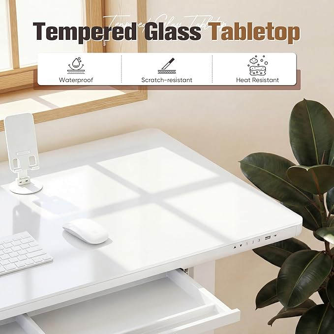 YESHOMY Electric Standing Desk with Tempered Glass Top, 47.2" Height Adjustable Desk with Partitioned Drawer & USB/Type-C Ports, Sit Stand Desk for Home Office, White