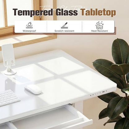 YESHOMY Electric Standing Desk with Tempered Glass Top, 55.1" Height Adjustable Desk with Partitioned Drawer & USB/Type-C Ports, Sit Stand Desk for Home Office, White