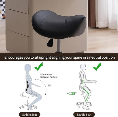 FIRAVOE Saddle Stool, Swivel Saddle Stools with Wheels, Adjustable Rolling Stool 18"-26", Faux Leather Rolling Saddle Stool for Salon, Massage, Clinic, Lab, Office (Black, 1PCS (18"-26"))