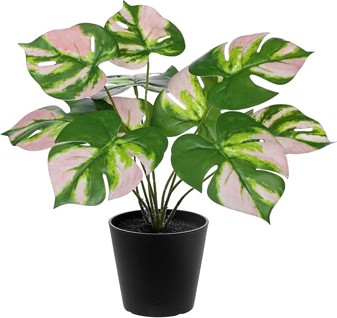 Briful Fake Plants 11.8'' Realistic Monstera Plant Artificial Potted Indoor Plant Houseplant in Black Pot for Home Decor Wedding Centerpiece Dining Table Farmhouse, Pink Leaves