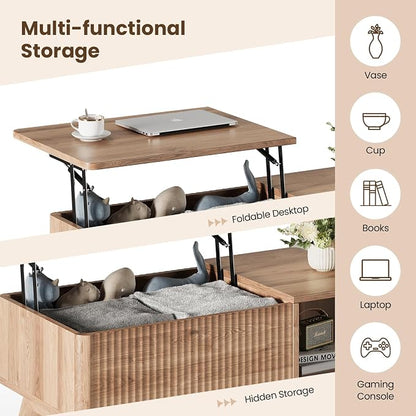 Wood Lift Top Coffee Table with Hidden Compartment and Large Storage Shelf, Lift Tabletop Dining Center Table for Home Living Room Office, Natural