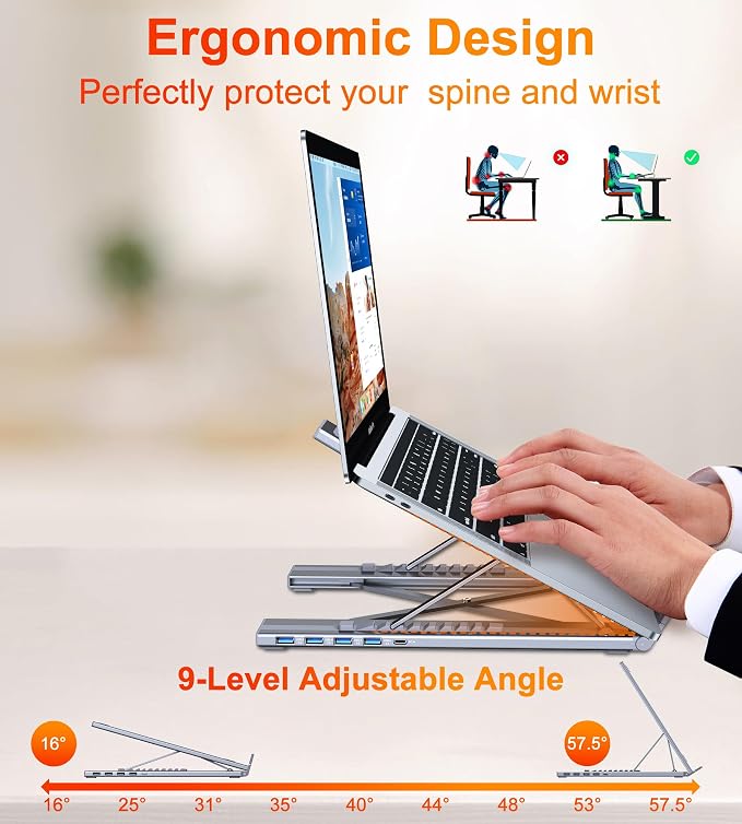 Mukiya 5-in-1 USB C Hub Adjustable Aluminum Laptop Stand, 4-Port USB A 3.0 with 5Gbps Data Transfer USB C Hub Docking Station [Charging Not Supported] for MacBookPro/Air/Dell/HP/Lenovo