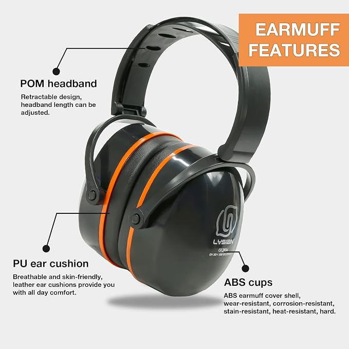 LYSIAN 31dB Hearing Protection Earmuffs, Foldable Adjustable Safety Ear Muffs for Shooting, Construction, Lawn Mowing, Adults