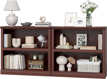 blini Wooden Bookshelf and Bookcase 2 Tier Double Wide Large Bookshelves Tall Bookshelf with Storage Cabinets for Living Room, Home Office, Library (Mahogany, 2-Shelf)