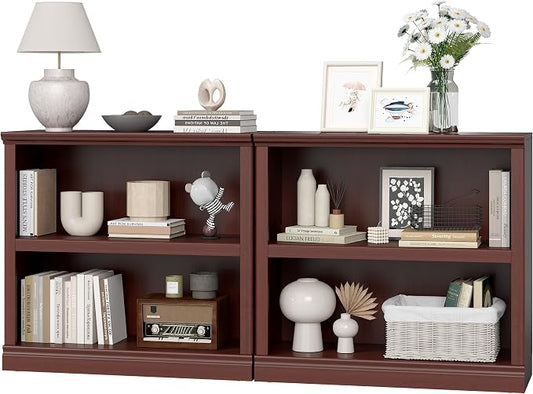 blini Wooden Bookshelf and Bookcase 2 Tier Double Wide Large Bookshelves Tall Bookshelf with Storage Cabinets for Living Room, Home Office, Library (Mahogany, 2-Shelf)