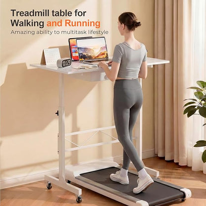 COMHOMA Small Standing Desk with Storage Drawer, Mobile Height Adjustable Rolling Sit Stand Desk with Lockable Wheels 4‑Level Portable Laptop Desk for Small Space Home Office Treadmill Workstation