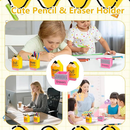 CEYAZYE 3Pcs Sharp and Dull Pencil Holder Eraser Buckets, Back to School | Wooden Shaped Dispenser, Pencil Storage Organizer for Back to School Teachers Desk Classroom Management