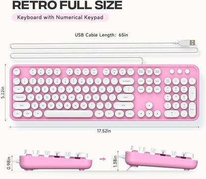 MOWUX Computer Keyboard Wired, Plug and Play USB Retro Round Typewriter Keyboard, Full Size Wired Keyboard with Foldable Stands for Laptop and Office PC- Pink