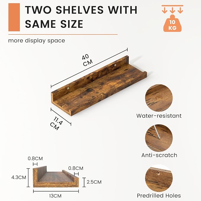 FLYJOE Picture Ledge Shelf, Floating Shelves Set of 2, 16 Inches Nursery Book Shelves for Toys Storage, Kids Bookshelf Wall Mounted for Living Room Bedroom Decor Books Photo Frames, Rustic Brown