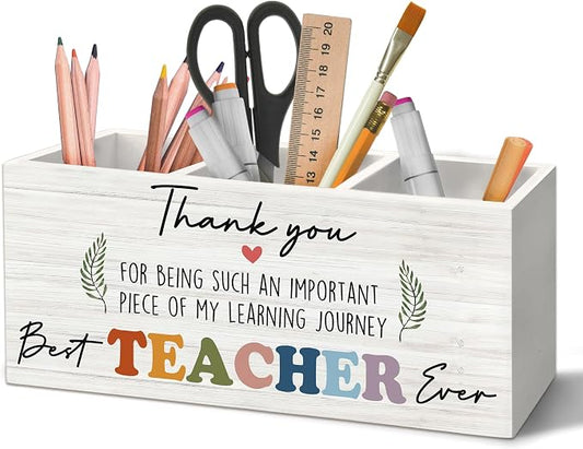 Teacher Appreciation Gifts Pen Holder Organizer for Desk Accessories, End of Year Thank You Teacher Gifts for Women Men Wooden Box Sign Desk Decorations for Office Classroom Tabletop