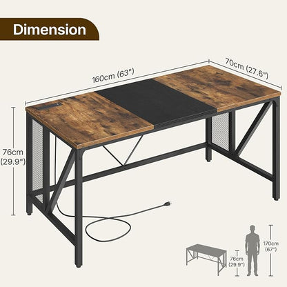 YATINEY 63" Computer Desk with Power Outlets, Gaming Desk, Large Office Executive Desk Workstation, Business Furniture for Home Office, Study, Rustic Brown and Black DN16UBR