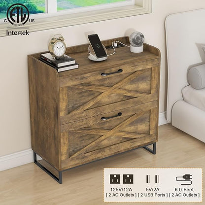 Halitaa File Cabinet 2 Drawers Lateral File Cabinet with Charging Station for Letter/Legal/A4 Size Hanging Files, Large Wood File Storage Cabinets Printer Stand for Home Office, Brown