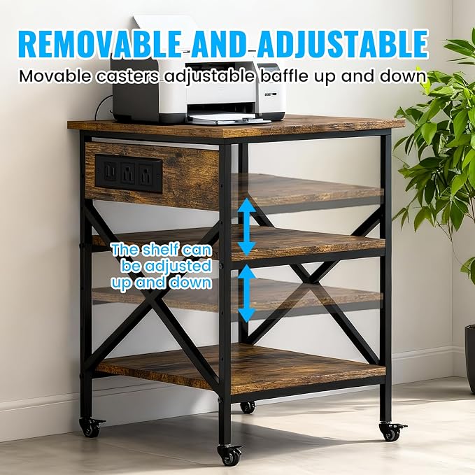 Rustic Brown 3 Tier Large Mobile Printer Stand | Built in power outlet adjustable storage shelves industrial rolling casters size 23.6 x 23.6x 30 inches home office storage