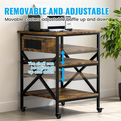 Rustic Brown 3 Tier Large Mobile Printer Stand | Built in power outlet adjustable storage shelves industrial rolling casters size 23.6 x 23.6x 30 inches home office storage