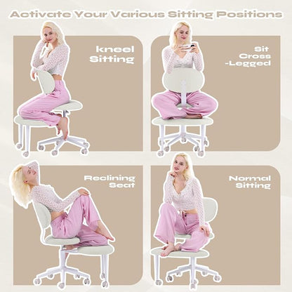 Pinmoco Ergonomic Cross Legged Office Chair with Wheels, ADHD Chair for Adults, Meditation Chair, Yoga Office Chair, Comfortable Back Support, Height Adjustable,Small Spaces, Teddy Fabric, White