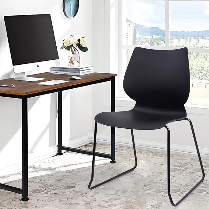 KLASIKA Stackable Waiting Room Chair, Stacking Office Chair with Ergonomic Lumbar Support and Metal Legs, Plastic Desk Chairs for Conference School Church Guest Reception Set of 4, Black