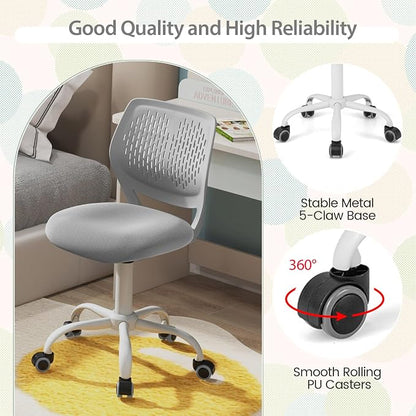 POWERSTONE Small Home Office Desk Chair, Swivel Rolling Study Computer Chair, Adjustable Height Task Chair with Armless Mid Back, Upholstered Mesh Seat, Grey