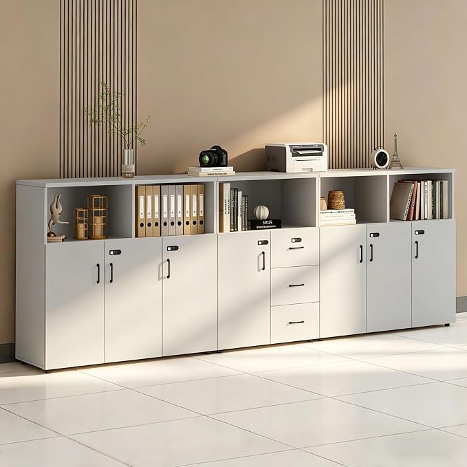 File Cabinet with Password Lock, Wood Lateral Filing Cabinet for Letter/A4 Files, 3 Drawer with Door, Printer Stand with Open Shelves for Home Office