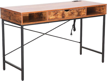 JJS 48' Writing Desk with Power Outlet, Home Office Contemporary Large Computer Desk Laptop Workstation with Drawer USB Ports Charging Station, Rustic Brown
