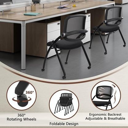 CLATINA Stackable & Foldable Conference Chair with Wheels, Ergonomic Mesh Back,300lbs Capacity, Breathable Padded Seat, Armless Office Chair for Reception, Training, Home Office, Black, 8PK