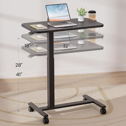 GTPLAYER Small Standing Desk with Lockable Wheels, Pneumatic Mobile Rolling Laptop Desk,Adjustable Height Overbed Bedside Table Computer Workstation for Home Office (32" W x 18" D, Black)