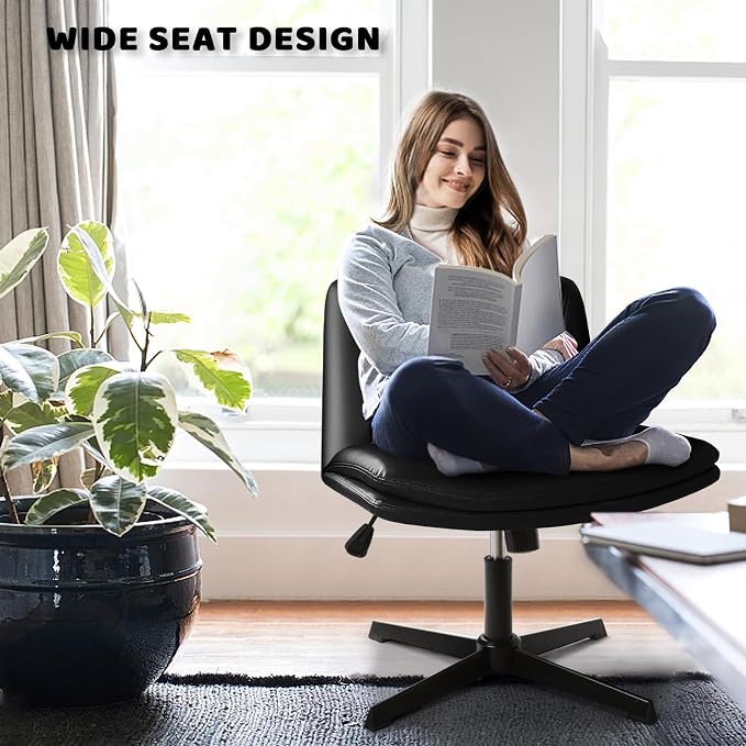 LEMBERI PU Leather Armless Office Desk Chair No Wheels,Criss Cross Legged Wide Padded Swivel Vanity Chair,120°Rocking Mid Back Ergonomic Computer Task Chair for Home, Make Up,Small Space,Black