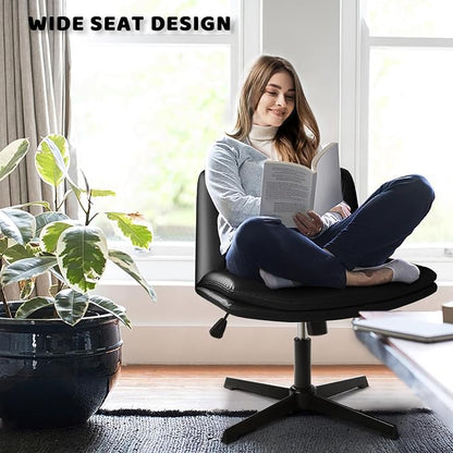 LEMBERI PU Leather Armless Office Desk Chair No Wheels,Criss Cross Legged Wide Padded Swivel Vanity Chair,120°Rocking Mid Back Ergonomic Computer Task Chair for Home, Make Up,Small Space,Black