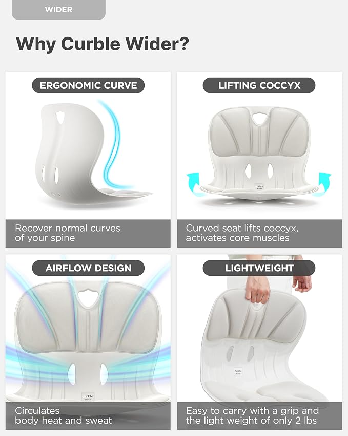 curble Wider 2 Pack – Ergonomic Desk Chair Seat Cushion, Everyday Passive Posture Trainer for Work from Home, Office & Car, Breathable Lumbar Support (Grey)