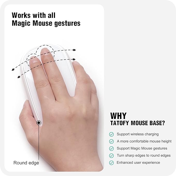 TATOFY Mouse Charger Compatible with Magic Mouse 2 (Lighting) Grip with Wireless Charging Support, Ergonomic Base (White)