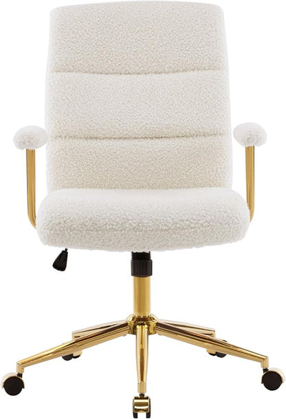 Elegant White and Gold Fuzzy Office Chair with Textured Boucle Fabric, Modern Desk Chair with Padded Seat, Height Adjustable with Durable Gold Base