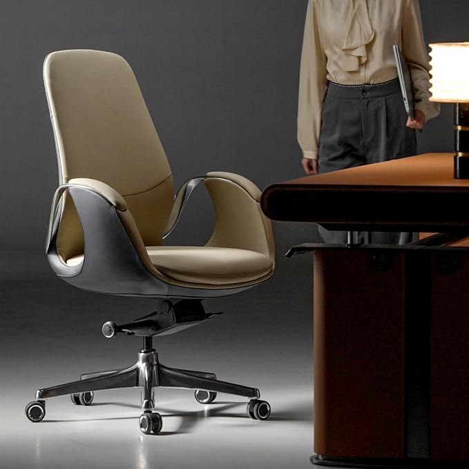 TOMU Genuine Leather Executive Office Chair, Executive Guest Chair, Mid Back Comference Office Chair for Office Comference Room Table,Swivel with Wheels, (Cream)