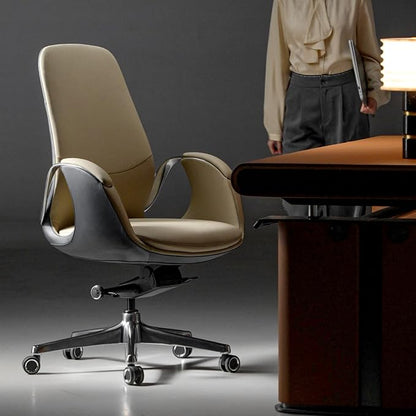 TOMU Genuine Leather Executive Office Chair, Executive Guest Chair, Mid Back Comference Office Chair for Office Comference Room Table,Swivel with Wheels, (Cream)