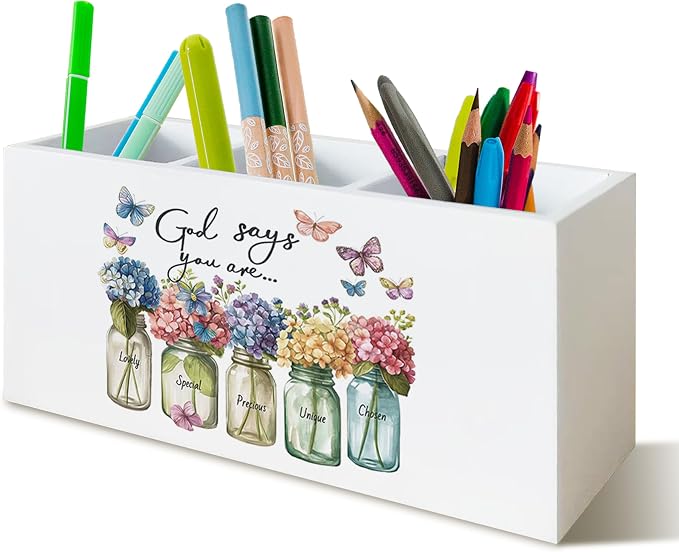 Christian Office Decor, Christian Pen Holder for Office Desk Decor, Hydrangea Bible Verse Wooden Pencil Holder Sign Organizer for Desk, Inspirational Hydrangea Gifts for Women Men