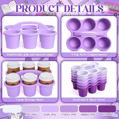 Suclain 6 Pcs Classroom Caddy with Handle Plastic Caddy Organizer with 6 Compartments Drink Cup Caddies Holder Portable Desk Crayon Storage Basket Pin for Teacher Kids Office School(Purple)