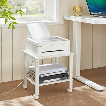 YUFAM 2 Tier Under Desk Printer Stand with Storage, Small Printer Table with Charging Station, Rolling Printer Cart Shelf with Lockable Wheels for Home, Office (White)