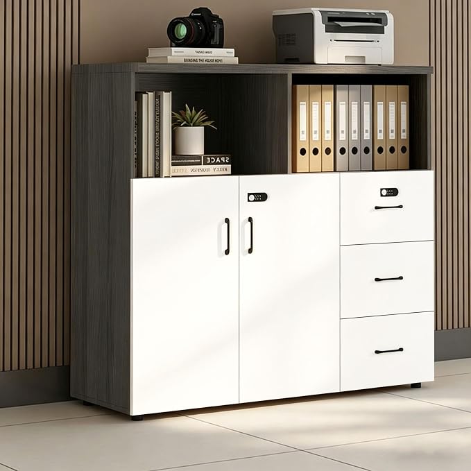File Cabinet with Password Lock, Wood Lateral Filing Cabinet for Letter/A4 Files, 3 Drawer with Door, Printer Stand with Open Shelves for Home Office
