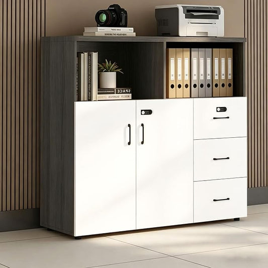 File Cabinet with Password Lock, Wood Lateral Filing Cabinet for Letter/A4 Files, 3 Drawer with Door, Printer Stand with Open Shelves for Home Office