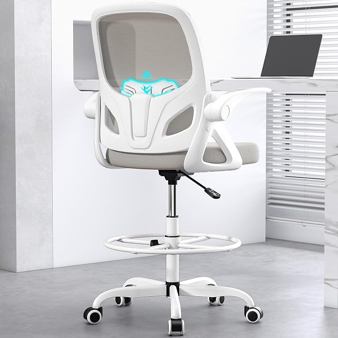 Kensaker Drafting Chair Tall Office Chair, Ergonomic Standing Desk Chair with Adjustable Foot Ring and Flip-up Armrests, Mesh Computer Chair for Art Studio, 300 LBS, Gray