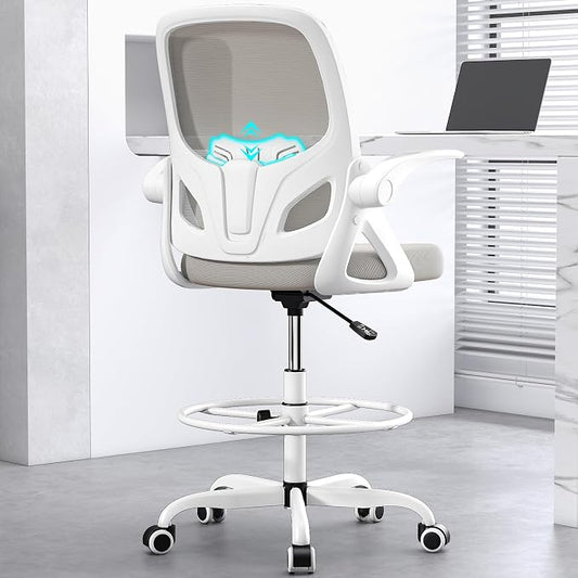Kensaker Drafting Chair Tall Office Chair, Ergonomic Standing Desk Chair with Adjustable Foot Ring and Flip-up Armrests, Mesh Computer Chair for Art Studio, 300 LBS, Gray
