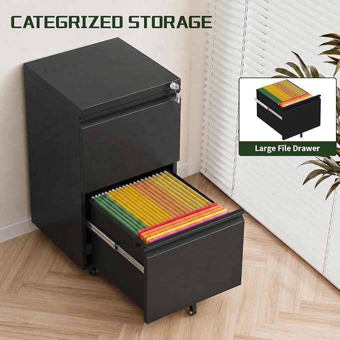 2 Drawer File Cabinet with Lock,Rolling Filing Cabinet with Wheels for Home Office,Under Desk Metal File Cabinet,Office Storage Organizer,Black