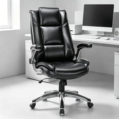COLAMY Leather Executive Office Chair - High Back Ergonomic Home Computer Desk Chair with Padded Flip-up Arms, Adjustable Tilt Lock, Swivel Rolling Chair for Adult Working Study, Black
