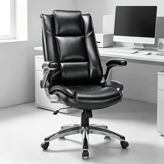 COLAMY Leather Executive Office Chair - High Back Ergonomic Home Computer Desk Chair with Padded Flip-up Arms, Adjustable Tilt Lock, Swivel Rolling Chair for Adult Working Study, Black