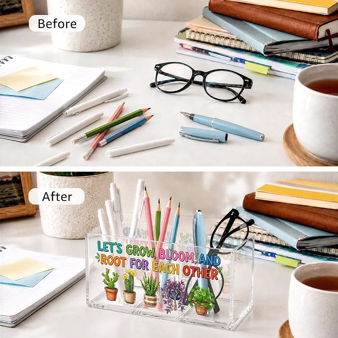 Acrylic Pen Holder Organizer with 3 Compartments, “Let’s Grow, Bloom and Root for Each Other” Plant Design, Desk Organizer for Pen, Makeup, Office Supplie, Inspirational Gifts for Women Friend