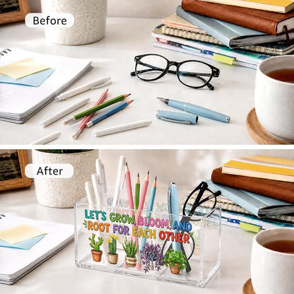 Acrylic Pen Holder Organizer with 3 Compartments, “Let’s Grow, Bloom and Root for Each Other” Plant Design, Desk Organizer for Pen, Makeup, Office Supplie, Inspirational Gifts for Women Friend