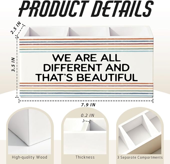 Classroom Pen Pencil Holder for Desk, Inspirational We Are All Different and That's Beautiful Wooden Box Sign Decorations for Kids Room Bedroom Playroom Classroom Desk Tabletop