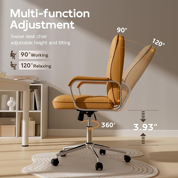 HomeZeer Brown Office Chair, Mid Back Leather Desk Chair with Wheels and Padded Arms, Swivel Vanity Chair for Bedroom, Computer Chair for Study and Work